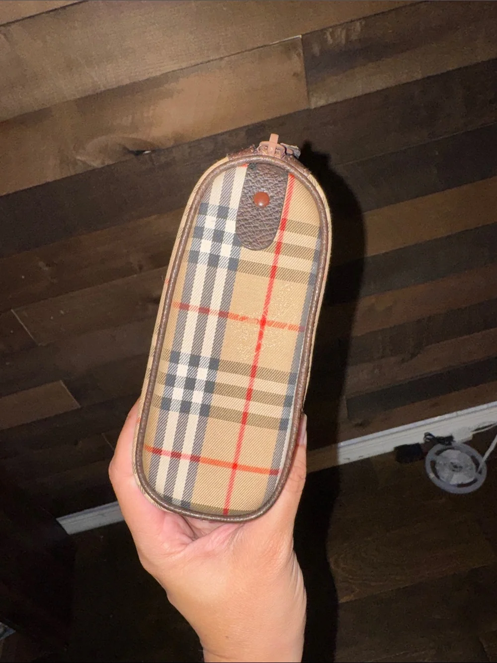 Burberry Tan Plaid Zip Cosmetic Pouch with Brown Trim